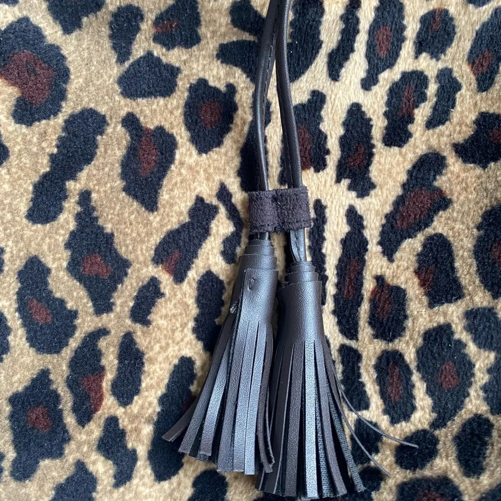 LANCOME Leopard Print Faux Fur Tote with Leather Edge  Leather Tassel Drawstring